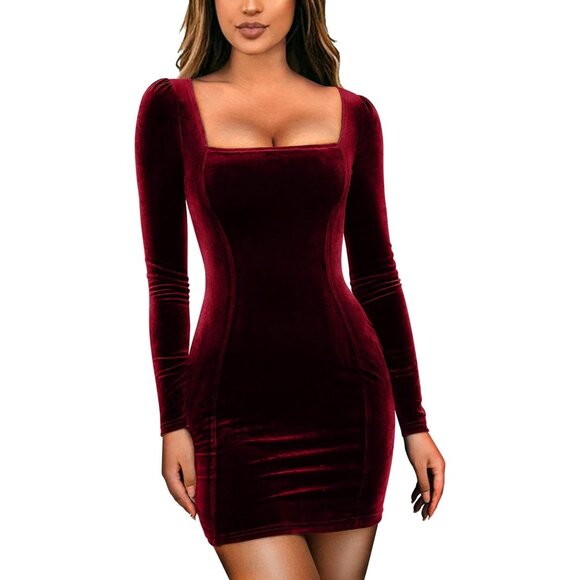 Women's Velvet Long Sleeve Wine Red Body con Mini Party Dress Elegant and Sexy - Picture 1 of 7